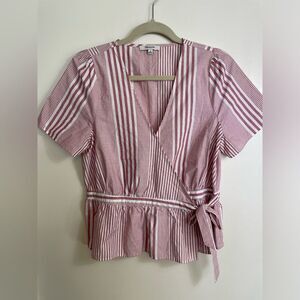 Madewell Ruffle Hem, Striped Red/Pink Wrap 100% Cotton Top in Medium.